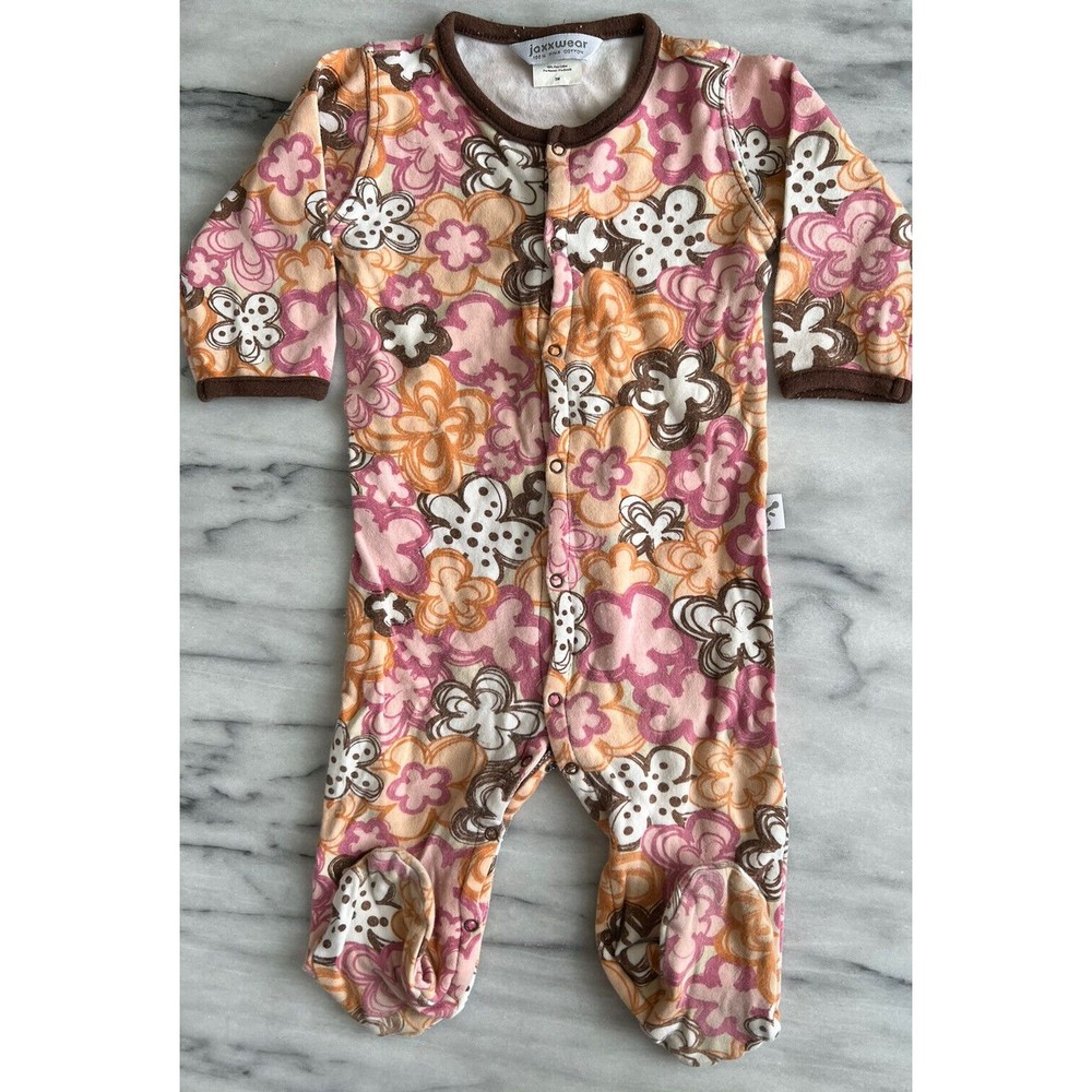 Jaxxwear Baby Girl's Footed One Piece sz 3M Pink Orange Floral Pima Cotton Snaps